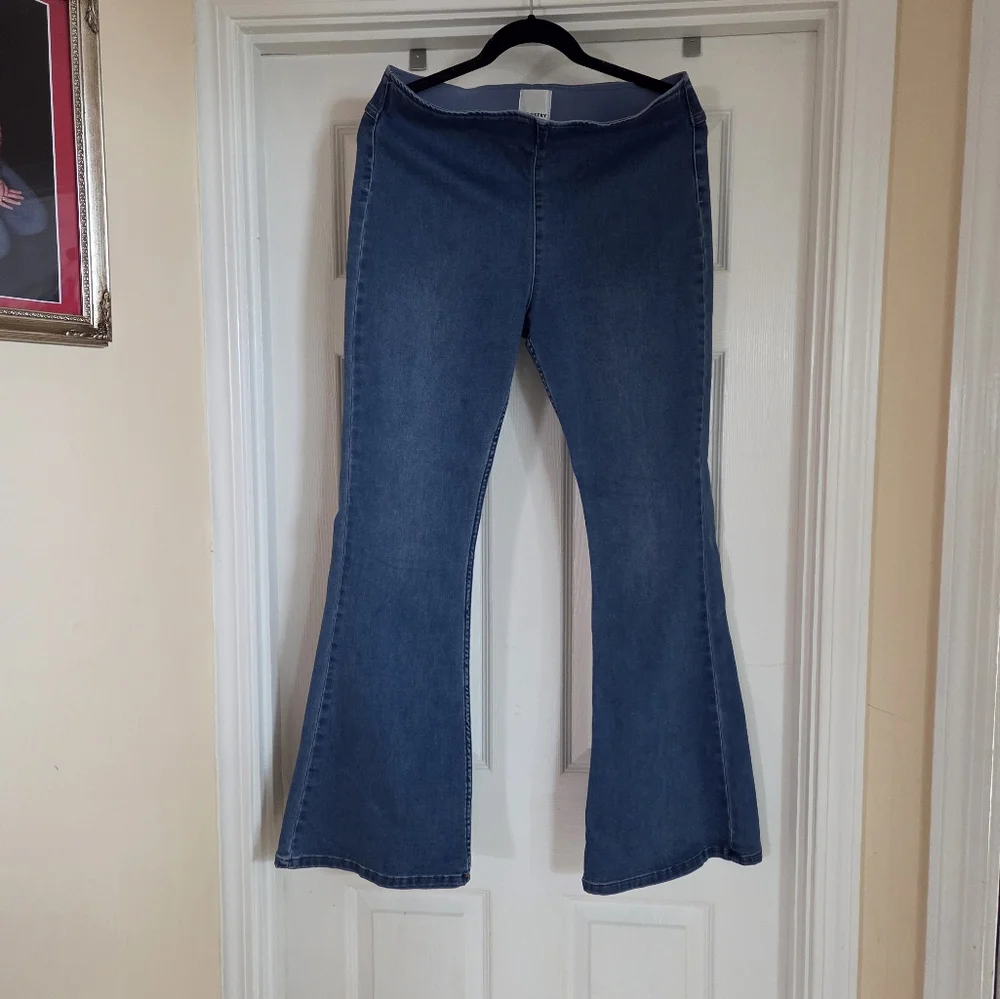 Blue Pullon Elastic Waist Flare Jeans Boho Western Hippie Rodeo Festival Large